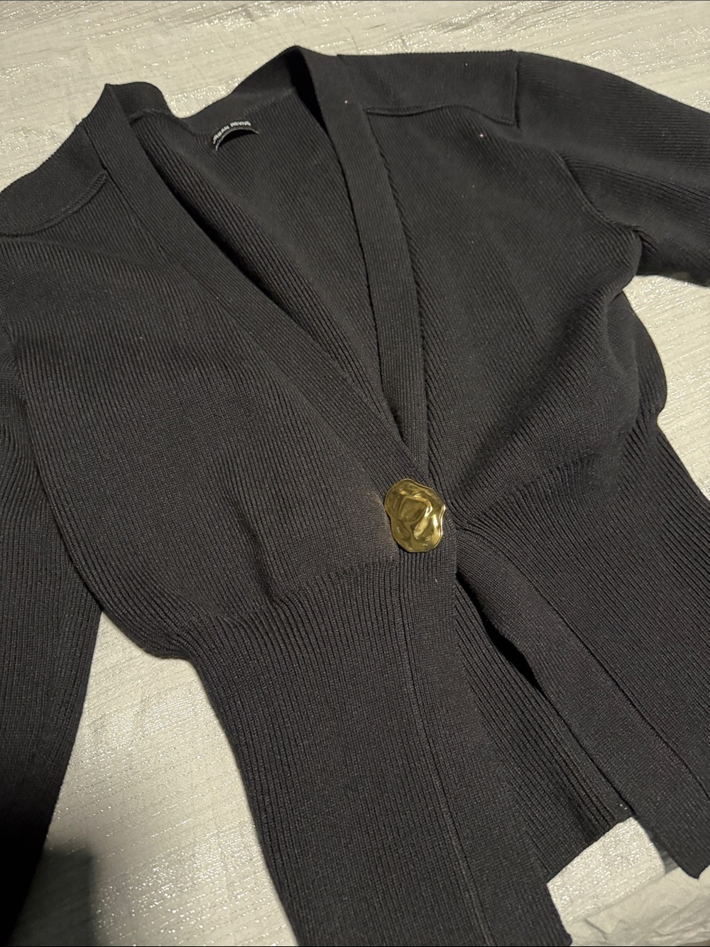 Sculpted Gold-Button Black Knit Cardigan